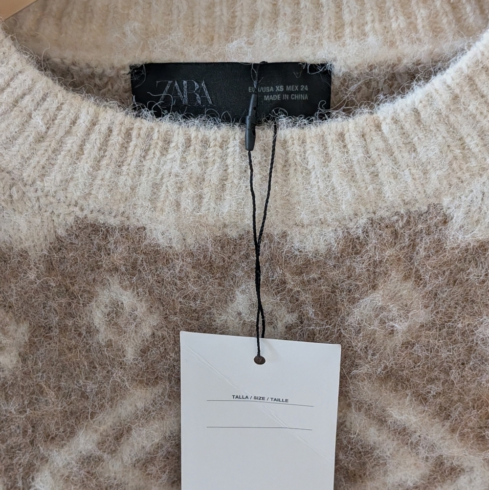 NWT Zara Brushed Fair Isle Abstract Geometric Crewneck Sweater In Ivory/Tan - XS - Picture 7 of 7